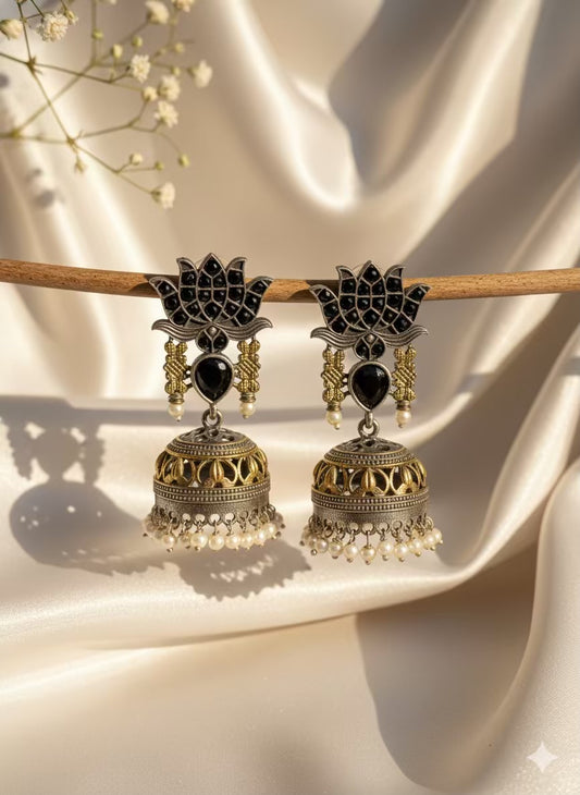 Lotus Black Ruby Stones Premium Oxidised Jhumka Pearls Silver Plated Earrings