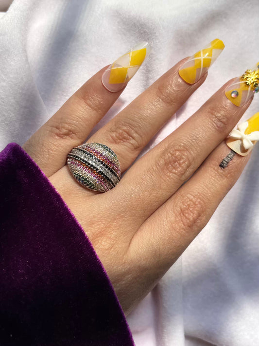 Premium Silver Colourful Loaded Studs Cocktail Style Ring in Size 8 US