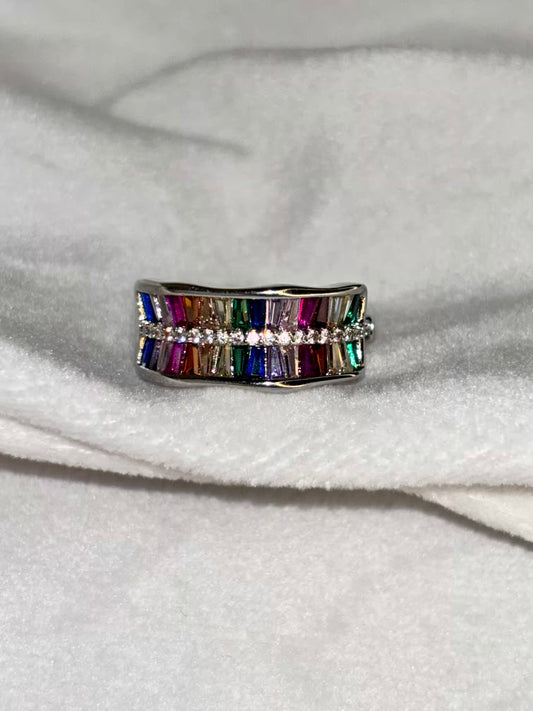 Multicoloured Diamonds Ring - Silver Plated Adjustable