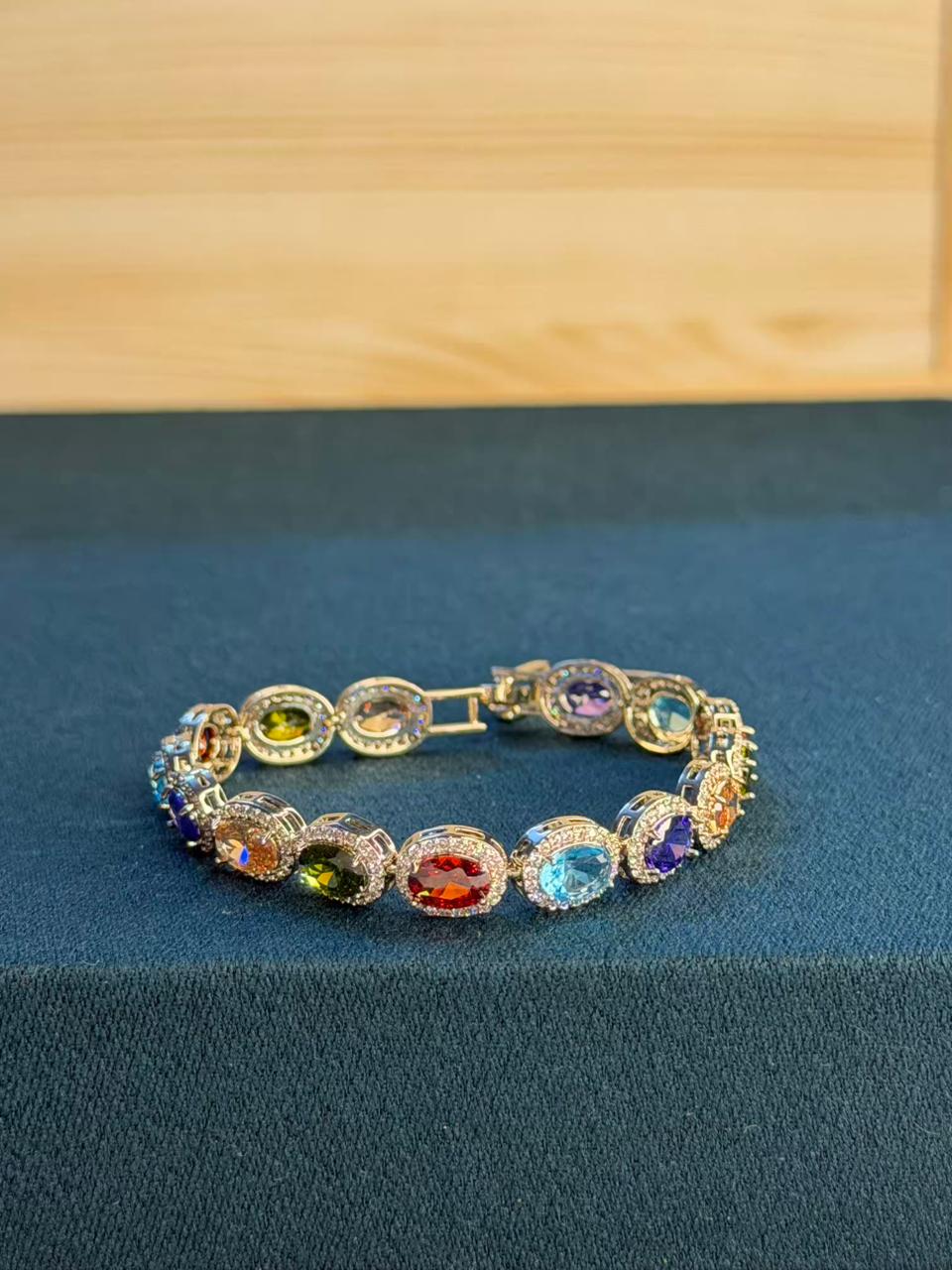 Multicolored Oval Stones Gold Plated Tennis Bracelet