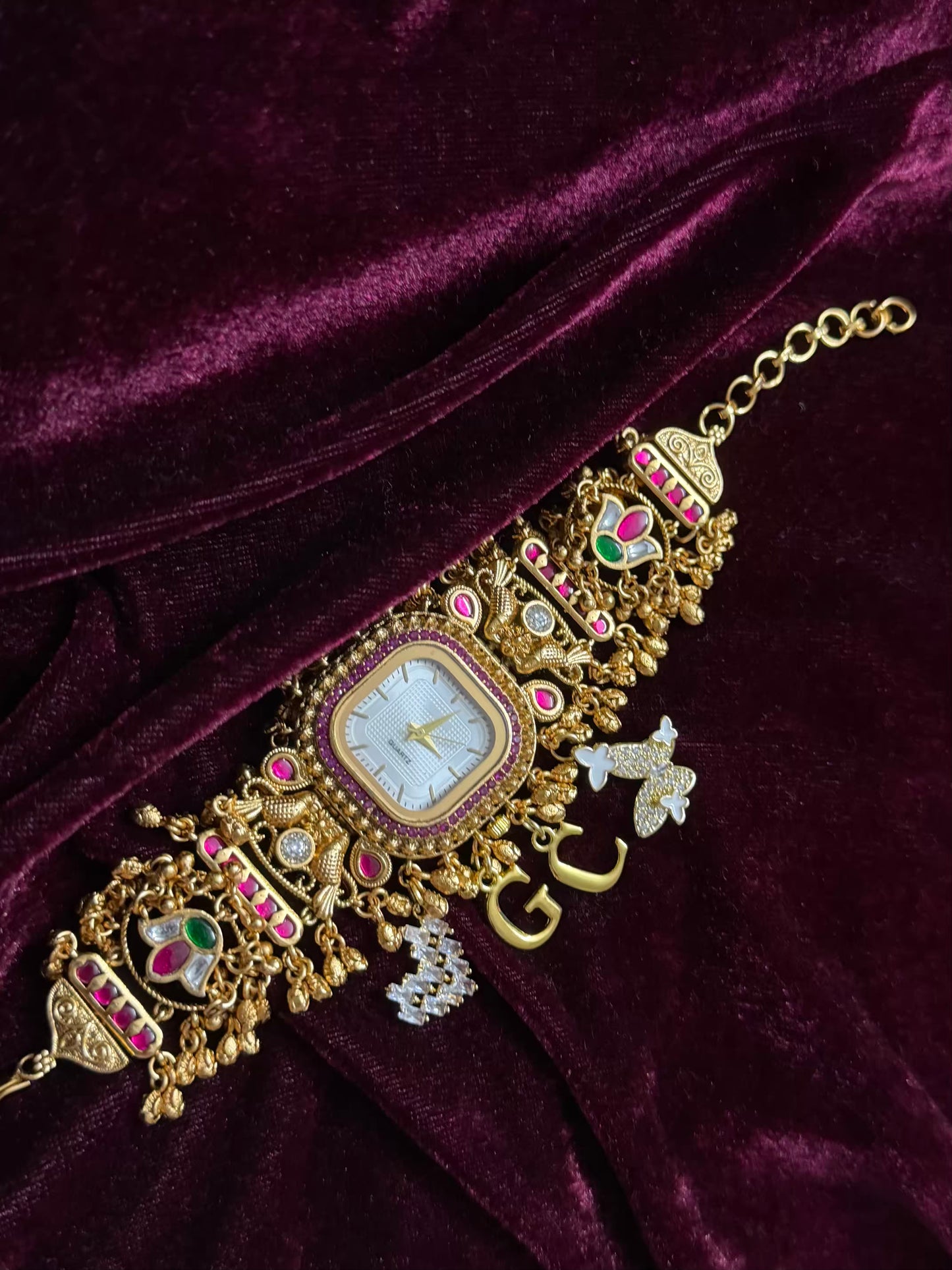 Square Dial Maharani Watch Heritage Bracelet with Butterfly and Heart  Charms