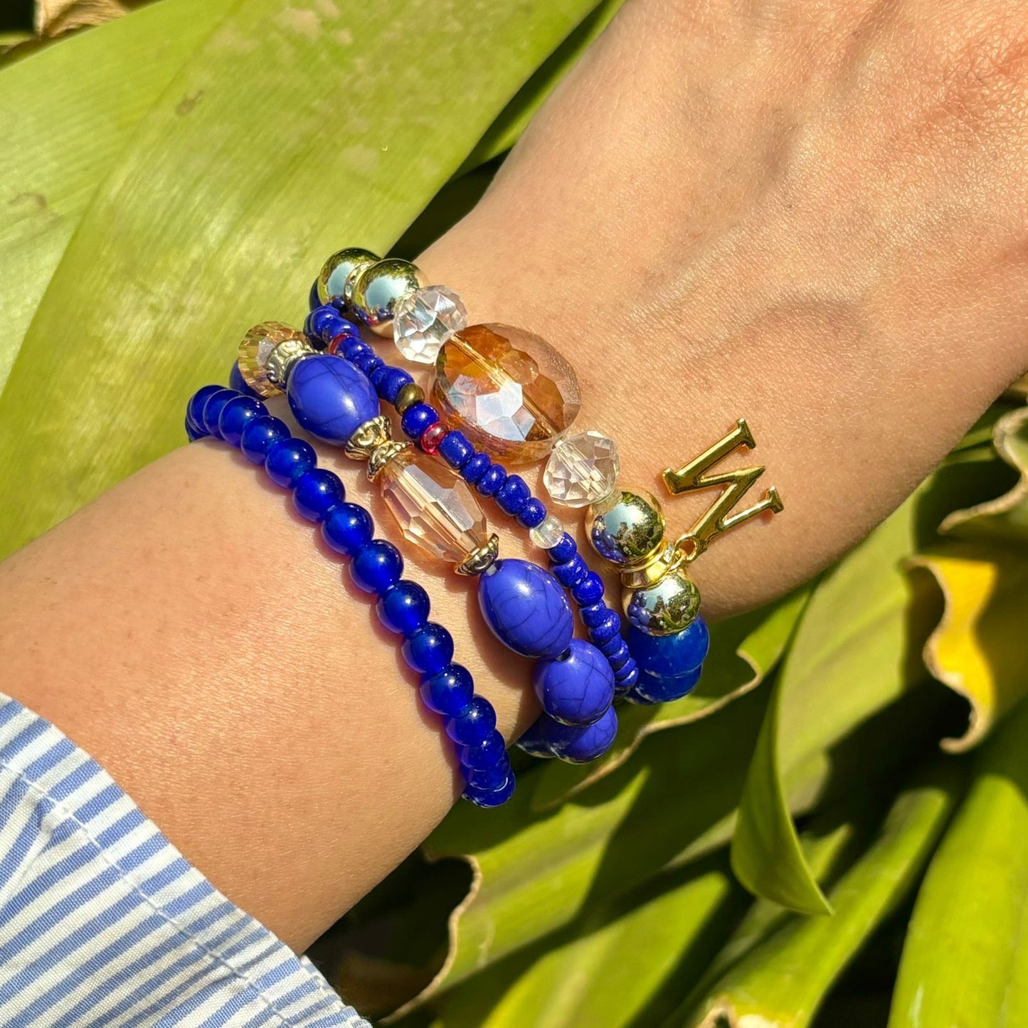 Bright Blue Crystals Stack Elastic Bracelet With Customised Initial ( Gold )