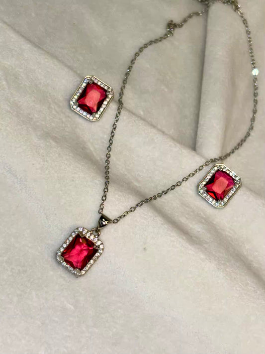 Red Pink Ruby Diamond Necklace Ear Studs Set - Silver Plated