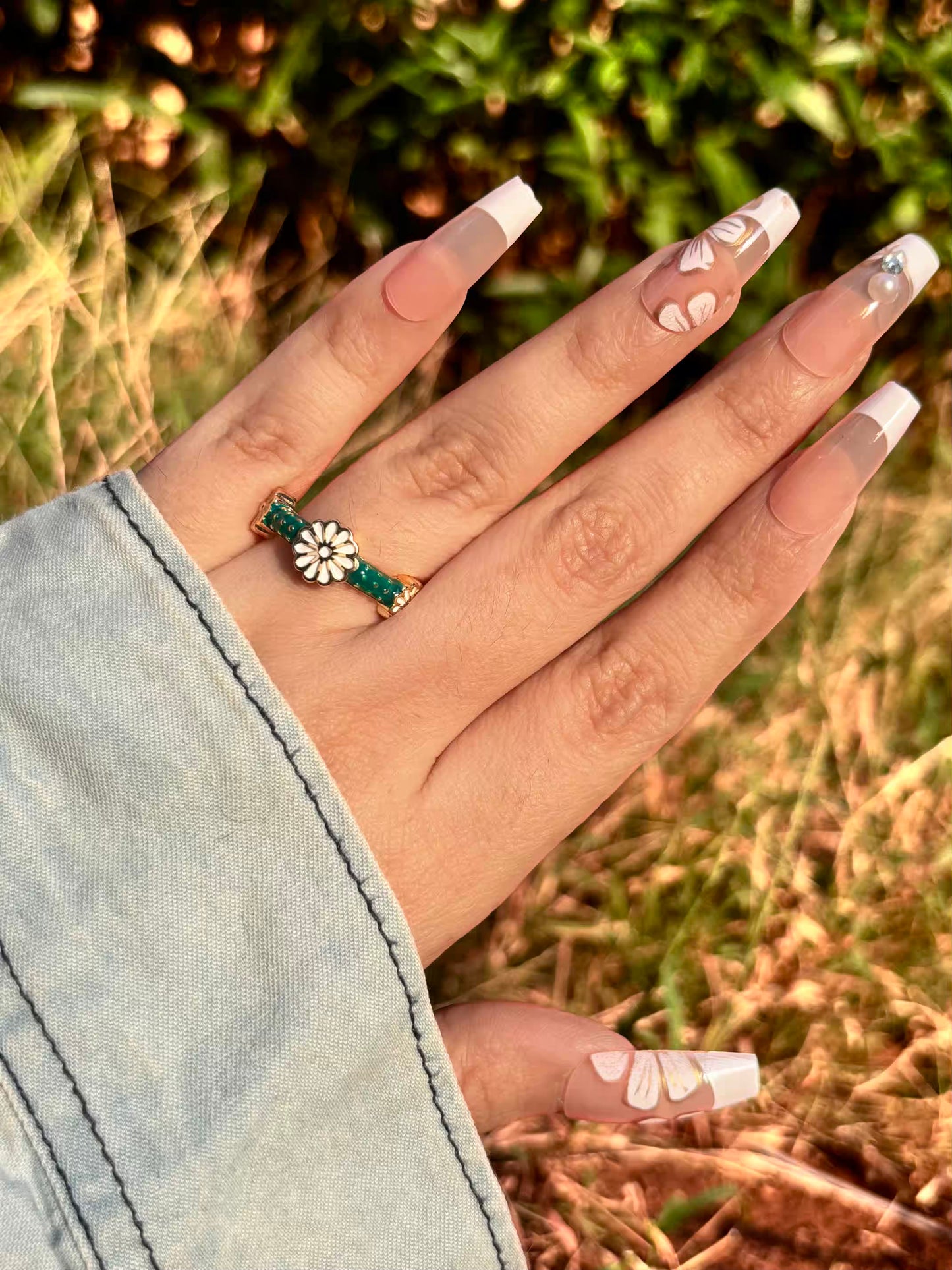 Green Sunflower Band Ring - Adjustable
