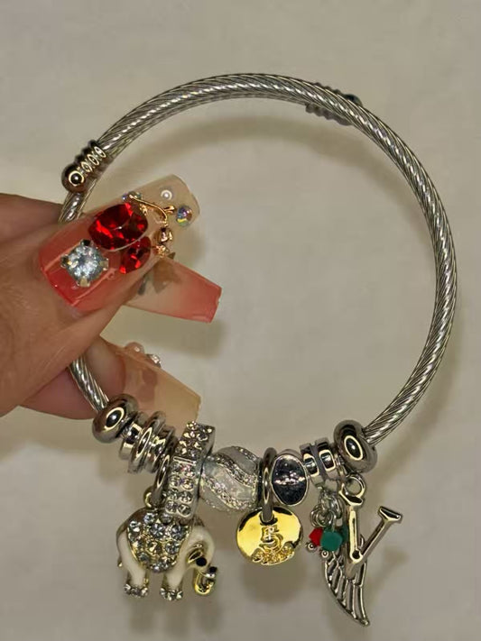 Pandora Charms White Elephant Bracelet With Customised Initial  ( Gold )