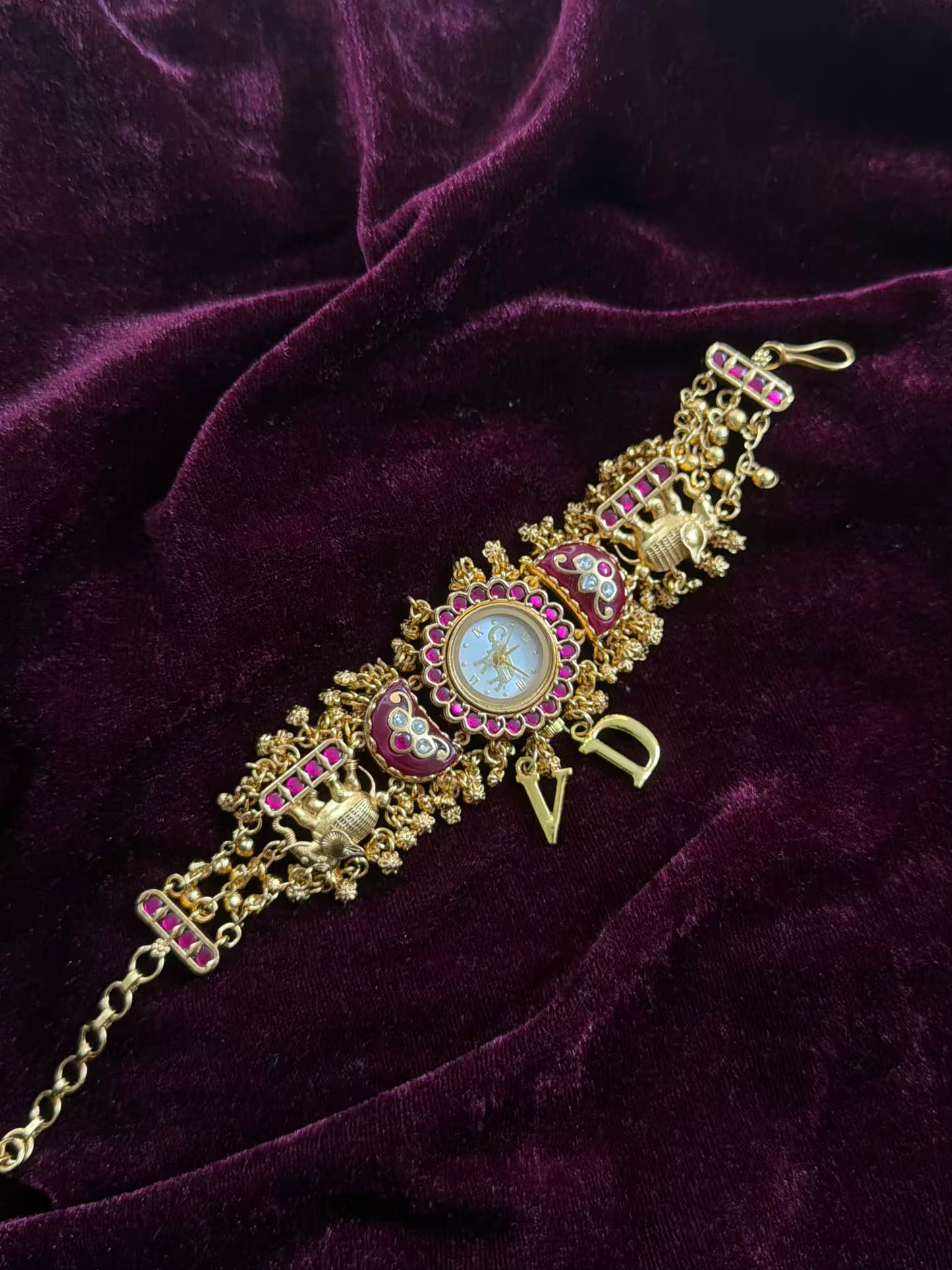 Green in Burgundy Dial Half Moon Maharani Watch Design Bracelet