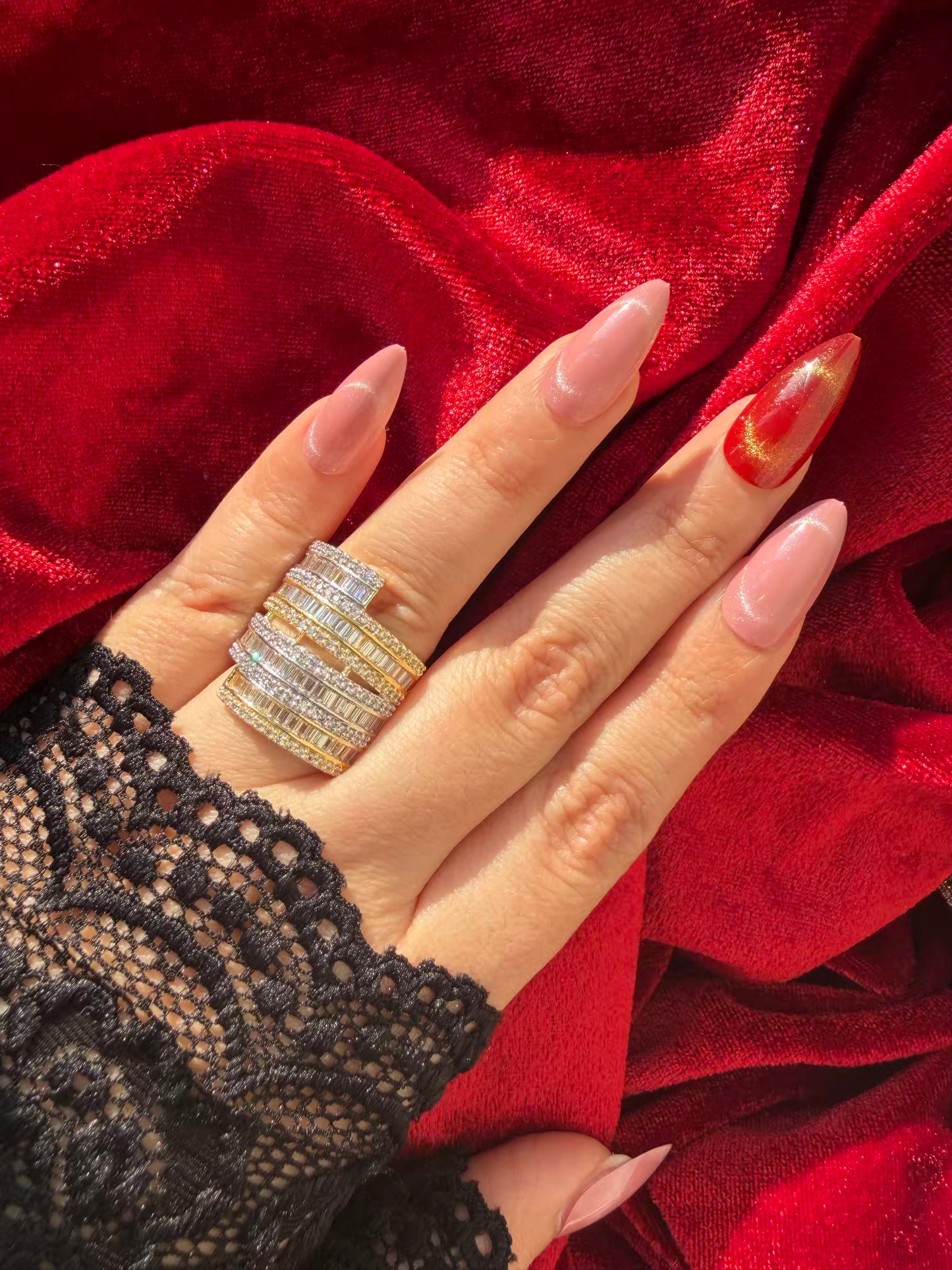 Layered Round Crown Crystal 18K Gold Plated Statement Ring Adjustable