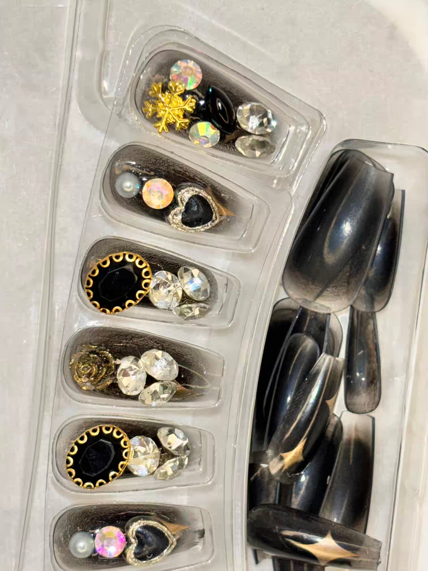 Studded Black Rose Stone Fancy Party Press On Nails ( Set of 24 )