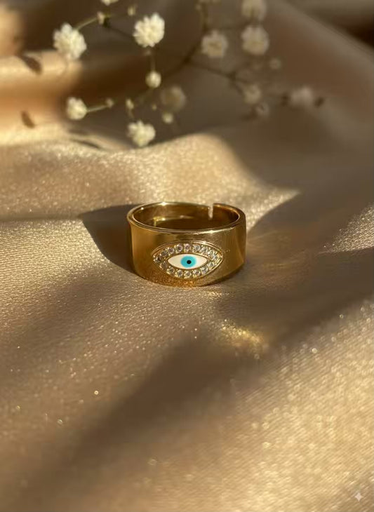 White Evil Eye Gold Plated Premium Ring (Adjustable)