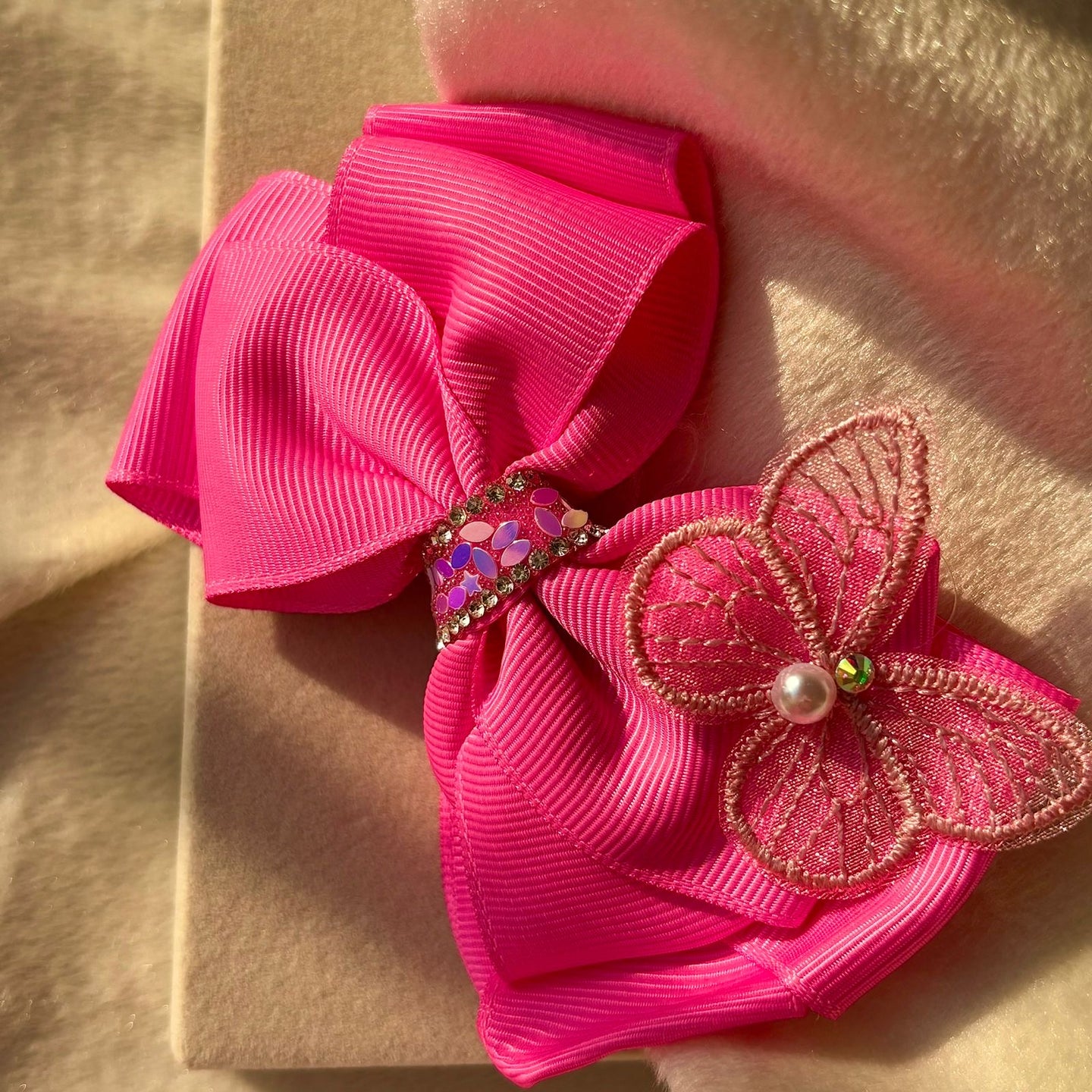 Butterfly Shimmer Double Hair Bow Clip For Women -Shocking Pink ( Ribboned)