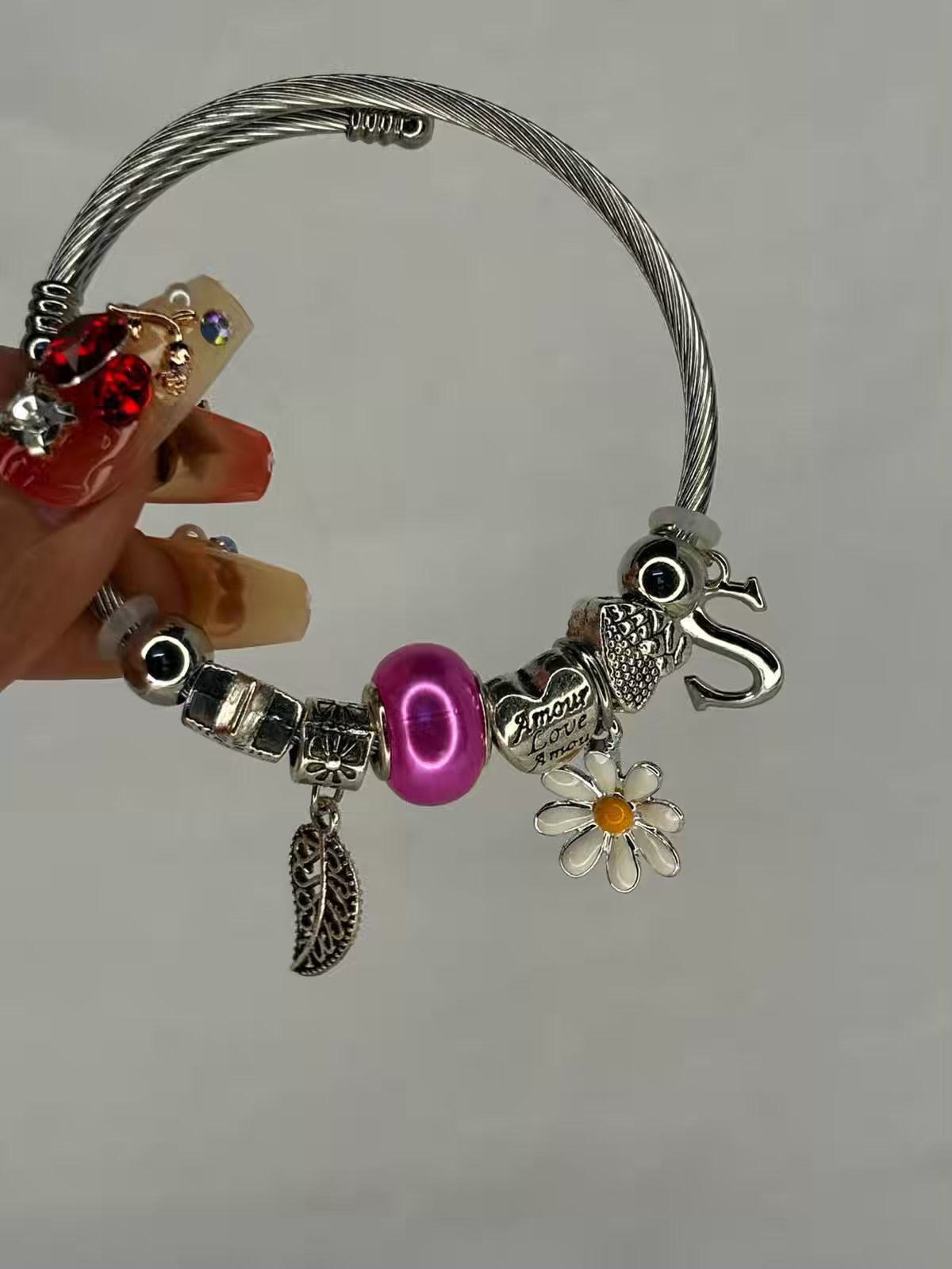 Pandora Charms Pink Sunflower Bracelet With Customised Initial  ( Silver )