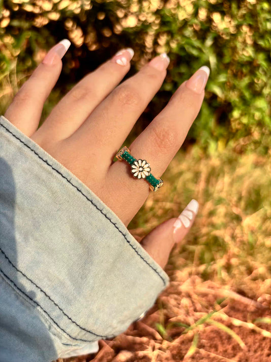 Green Sunflower Band Ring - Adjustable