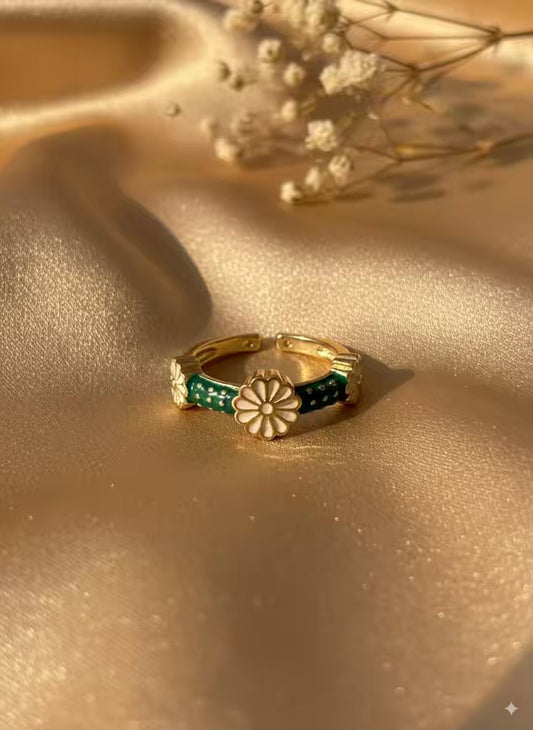 White Green Sunflower Gold Plated Premium Ring (Adjustable)