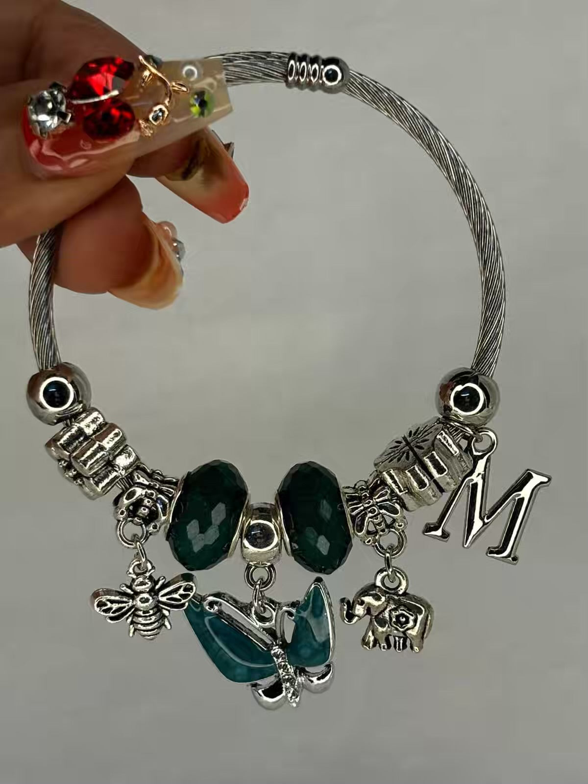 Pandora Charms Green Pearl Butterfly Bracelet With Customised Initial  ( Silver )