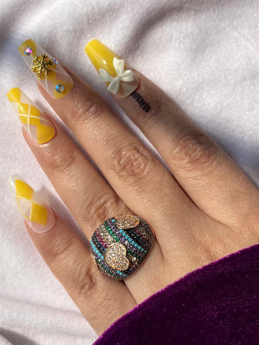 Premium Hearts Colourful Loaded Studs Cocktail Style Ring in Size 8 US - 18knGold