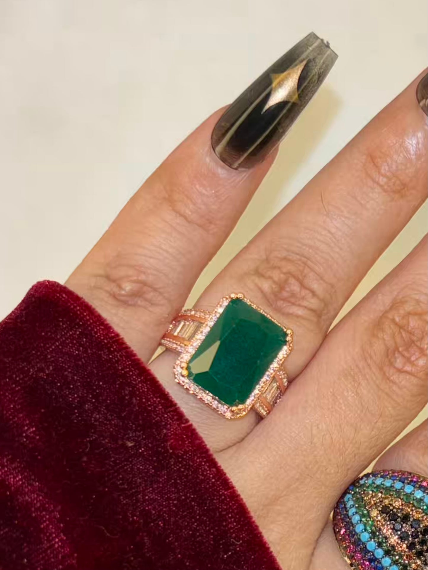 Premium Green Emerald Rectangular Ring( Rose Gold )Adjustable