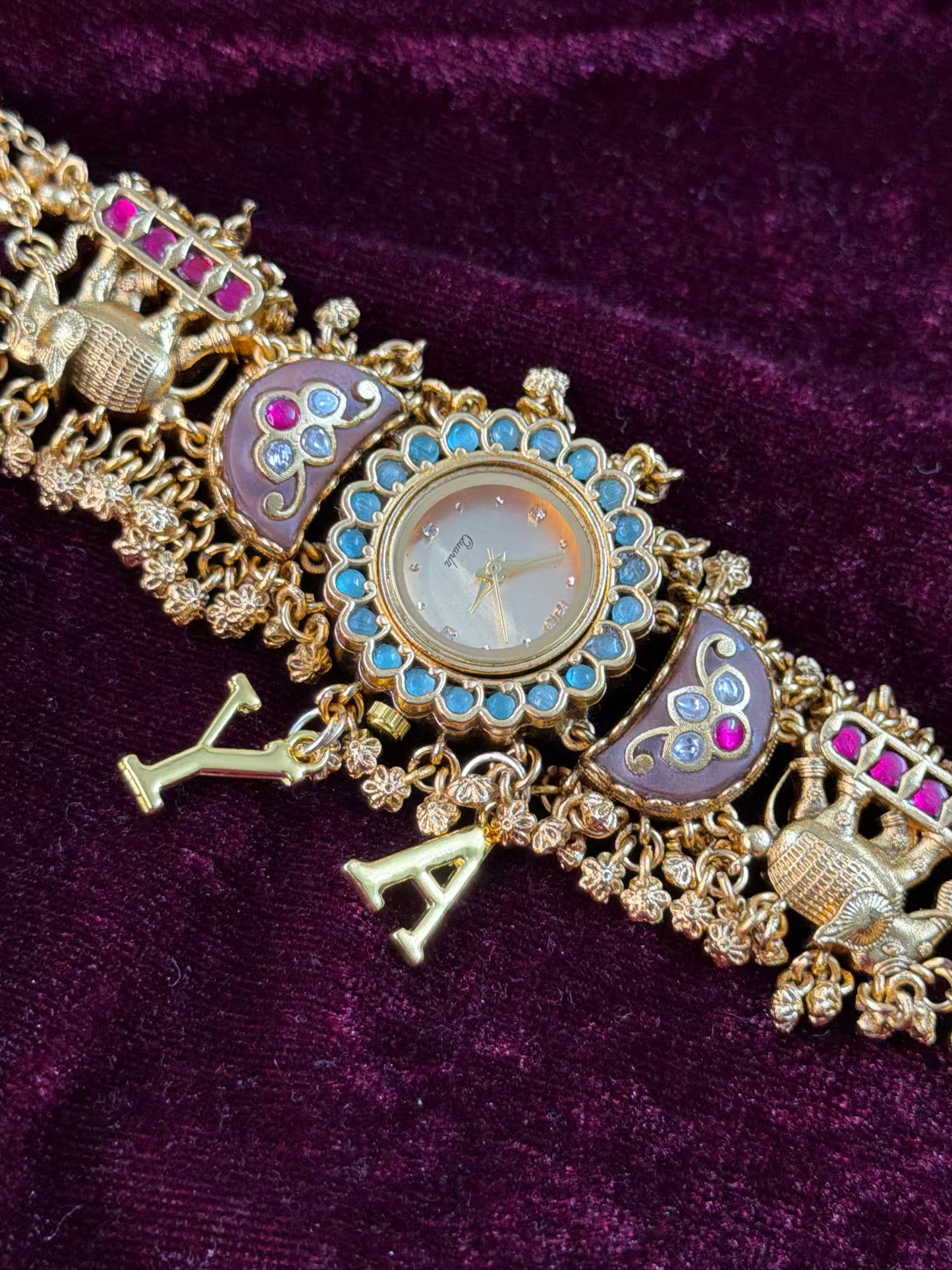 Green in Burgundy Dial Half Moon Maharani Watch Design Bracelet