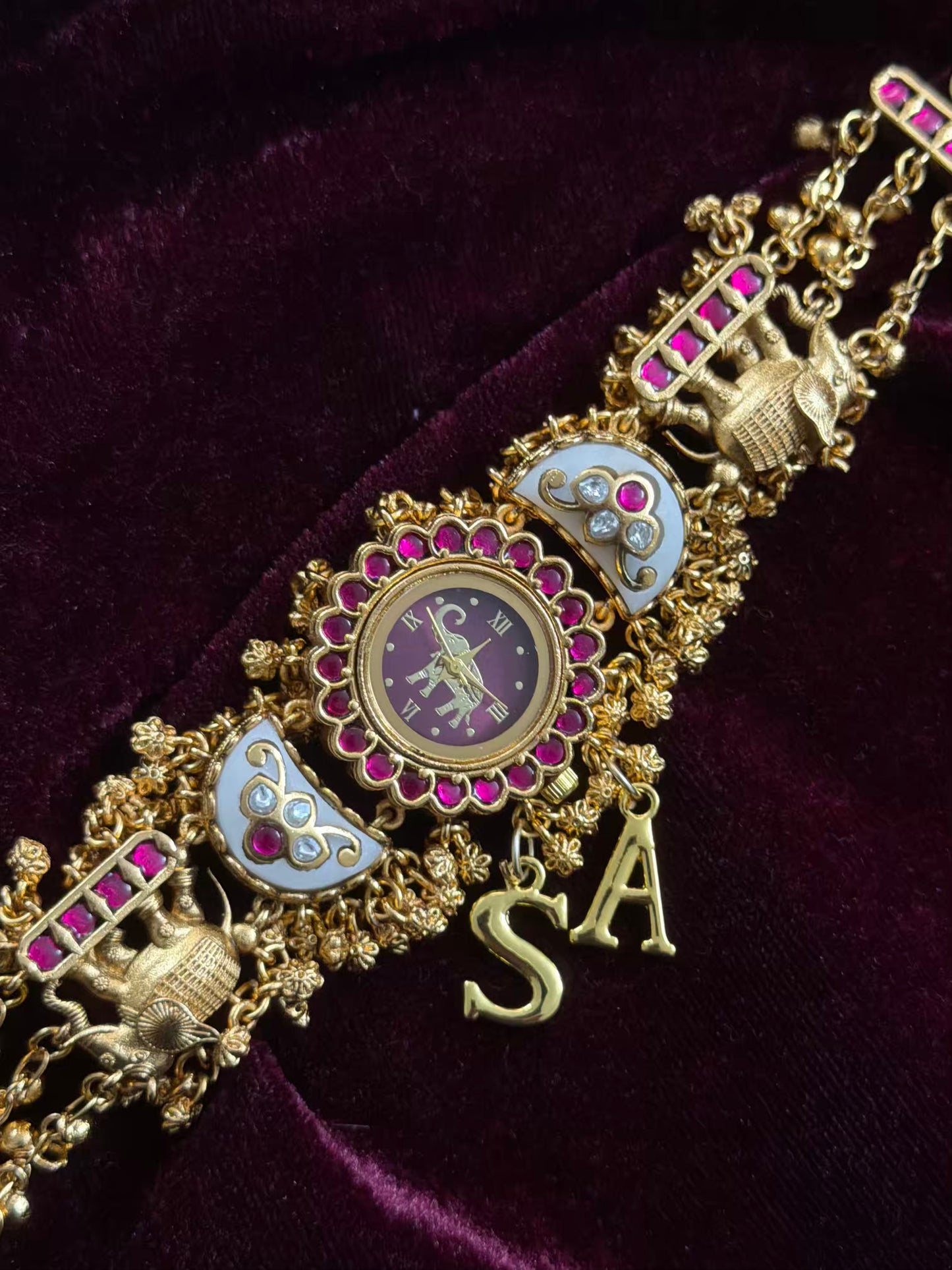 Green in Burgundy Dial Half Moon Maharani Watch Design Bracelet