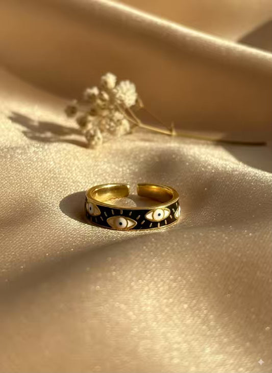 Black Evil Eye Gold Plated Premium Ring (Adjustable)