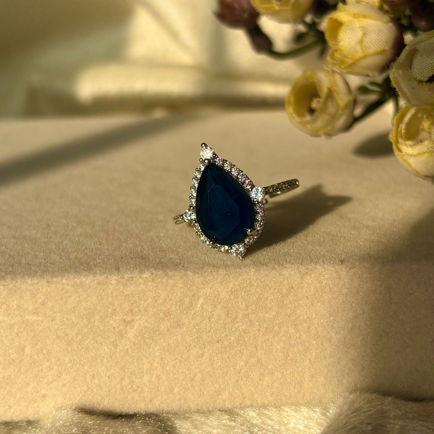 Drop Style Blue Sapphire Stones Adjustable Ring Silver Plated