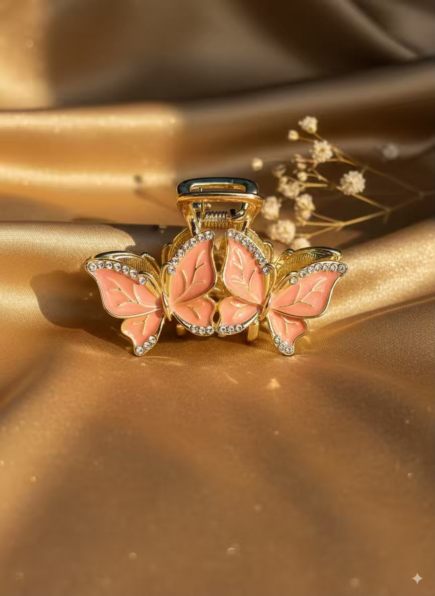 Pink Butterflies Premium Claw Clip - Stainless Steel