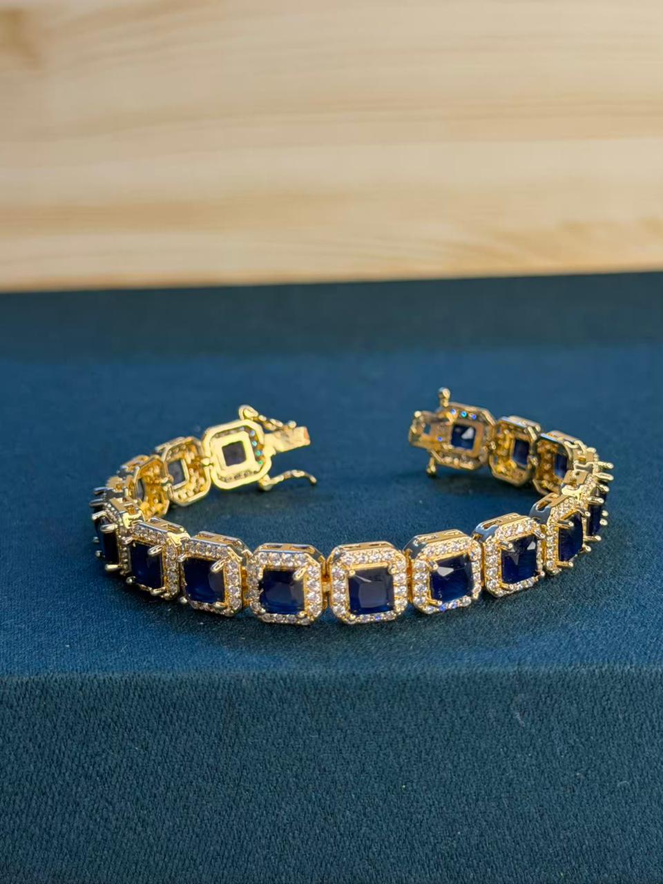 Navy Blue Square Shape Stones Gold Plated Tennis Bracelet