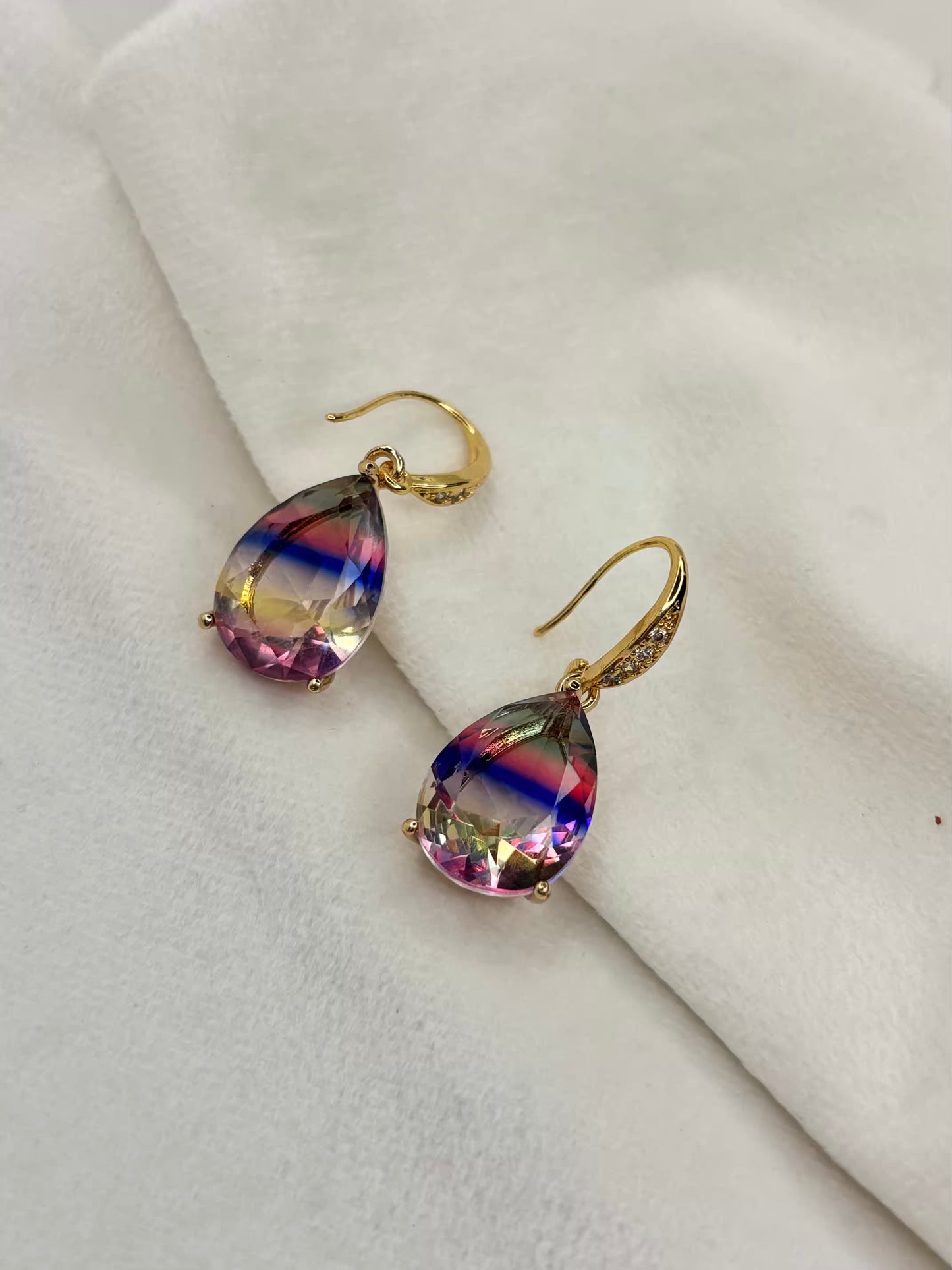 Pink Blue Crystals Transparent Earrings - Gold Plated