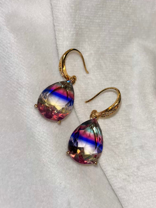 Pink Blue Crystals Transparent Earrings - Gold Plated