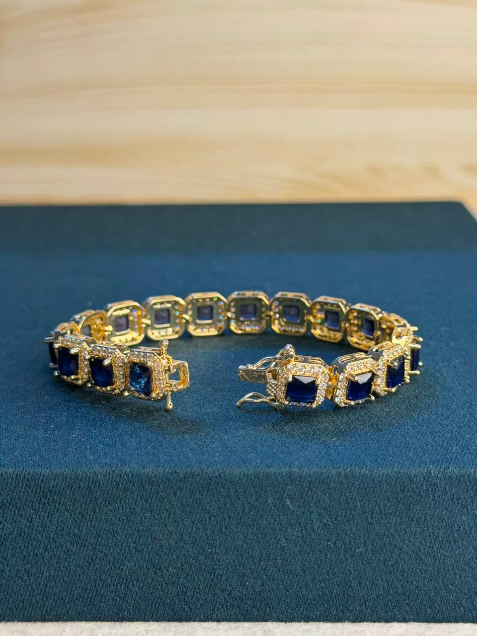 Navy Blue Square Shape Stones Gold Plated Tennis Bracelet