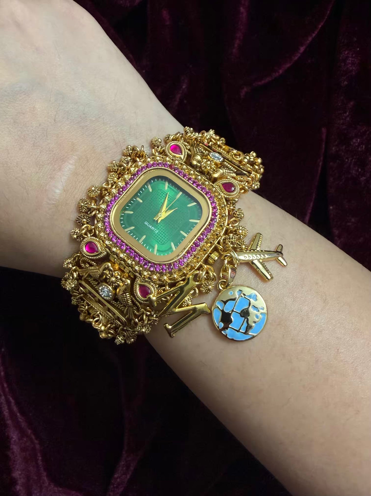 Square Dial Maharani Watch Heritage Bracelet with Charms