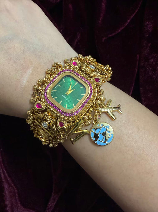 Green Square Dial Maharani Watch Heritage Bracelet with Airplane