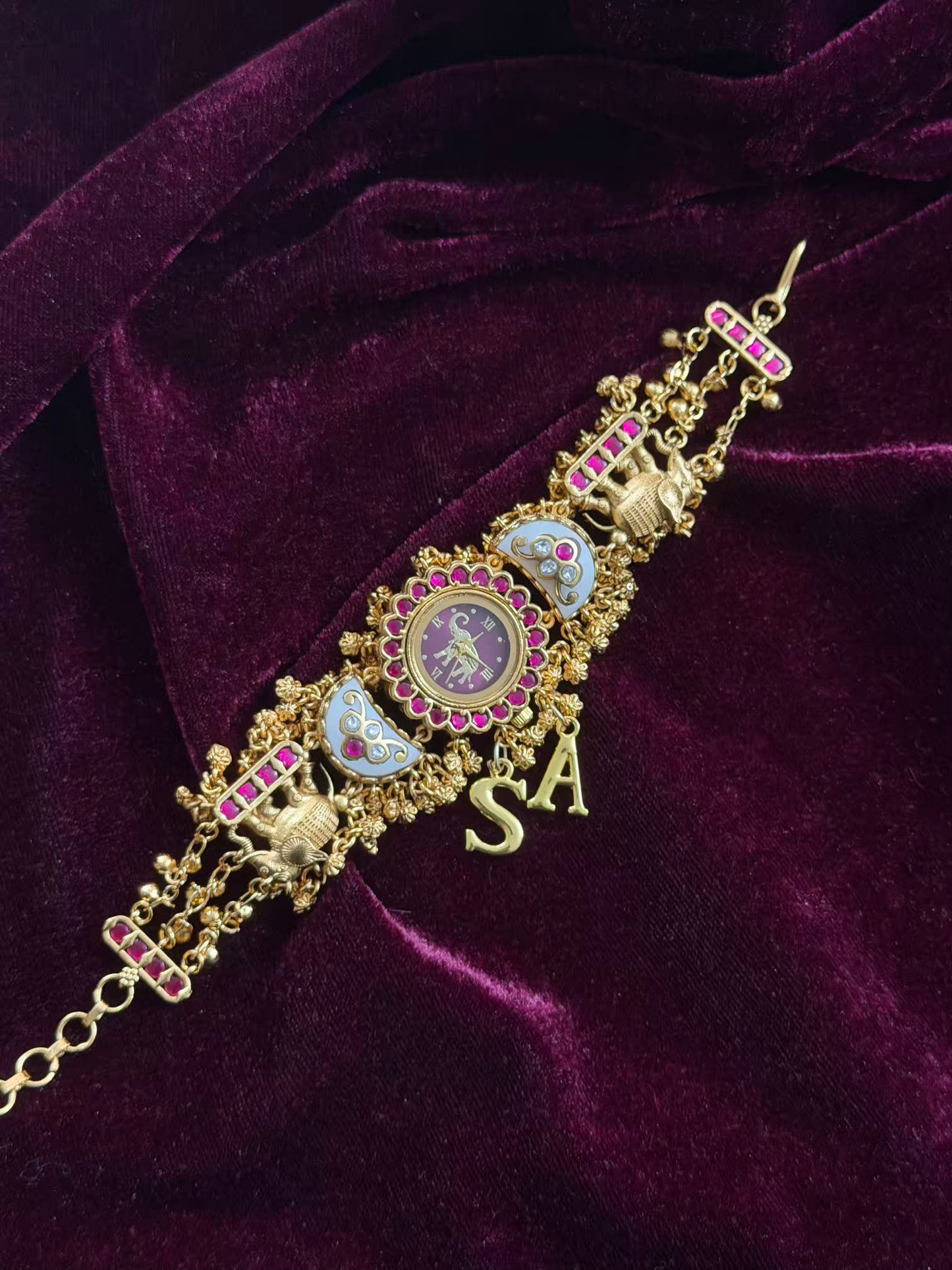 Green in Burgundy Dial Half Moon Maharani Watch Design Bracelet