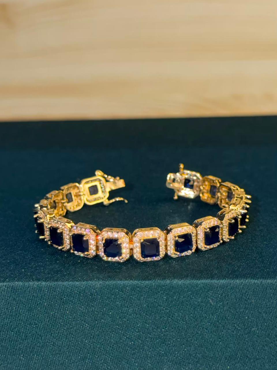 Navy Blue Square Shape Stones Gold Plated Tennis Bracelet