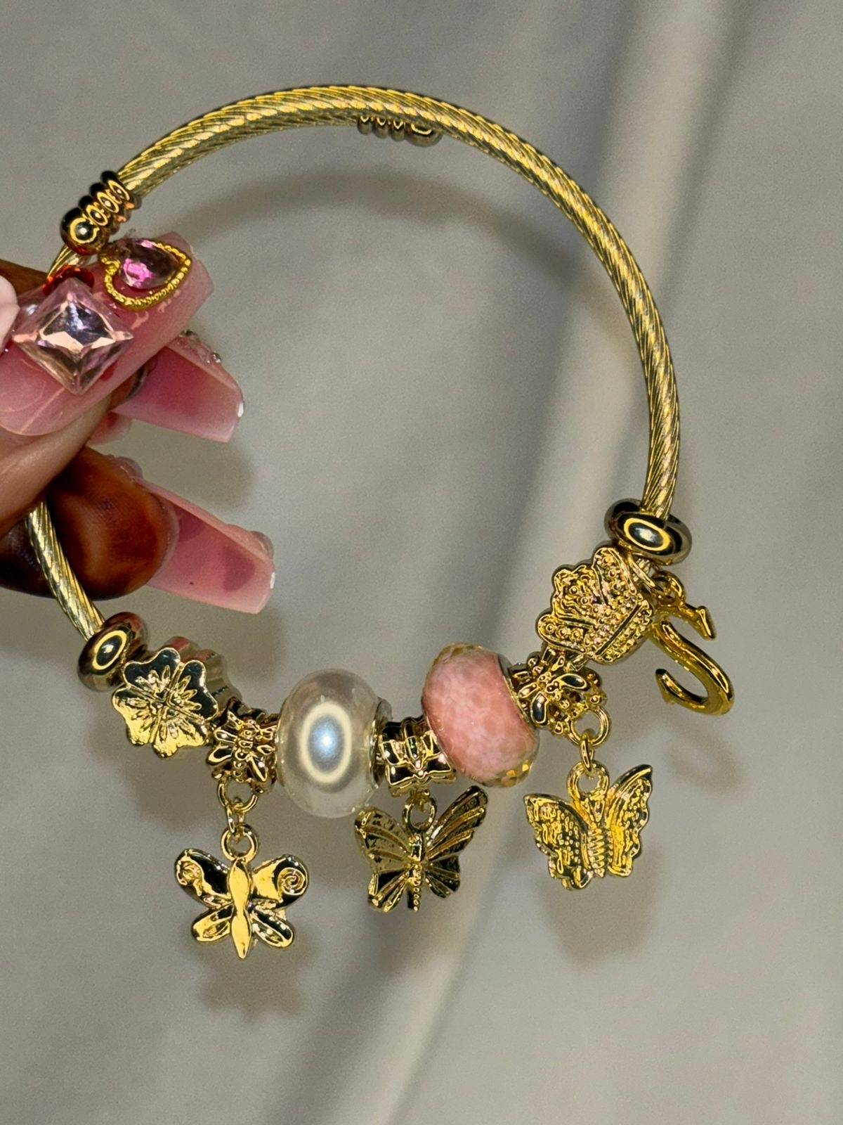 Pandora Style Peach Butterfly Charms Bracelet With Customised Initial ( Gold )