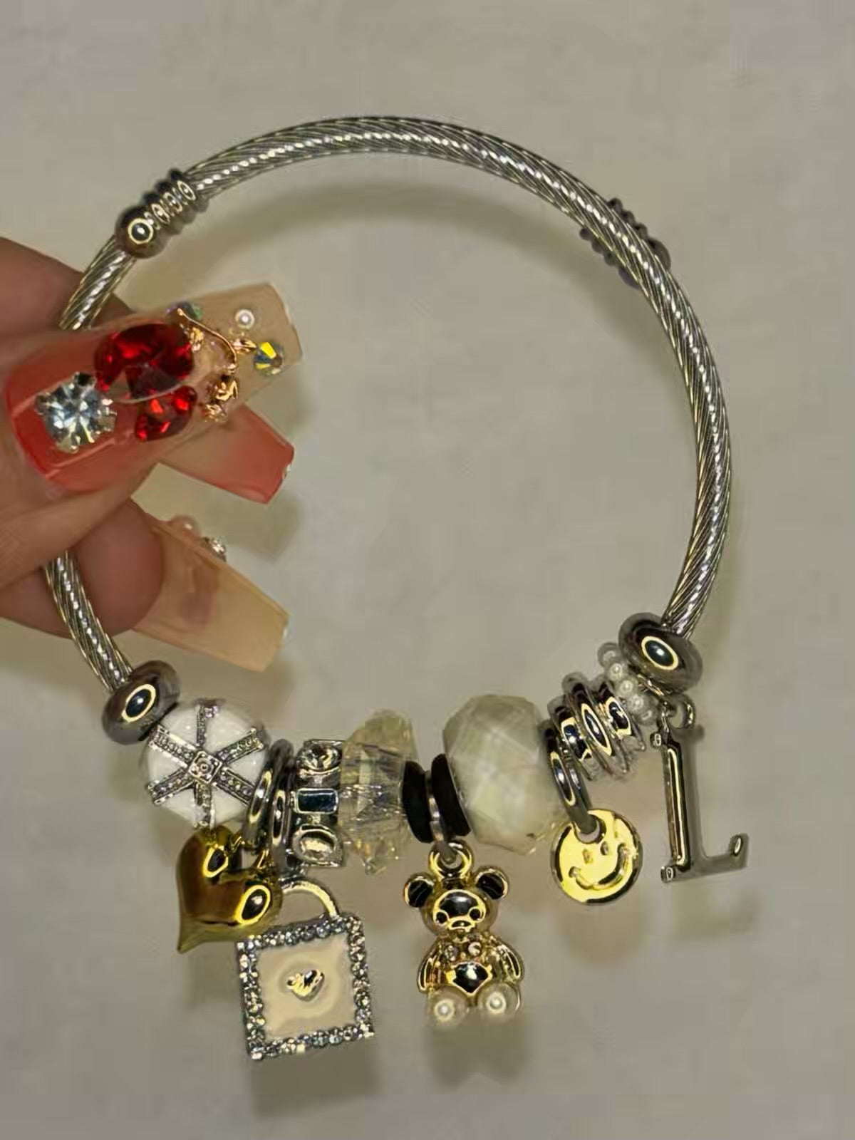 Pandora Charms White Gifts Teddy Birthday Bracelet With Customised Initial  ( Gold )