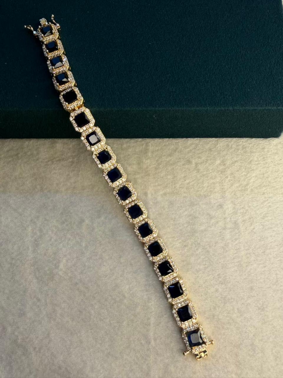 Navy Blue Square Shape Stones Gold Plated Tennis Bracelet