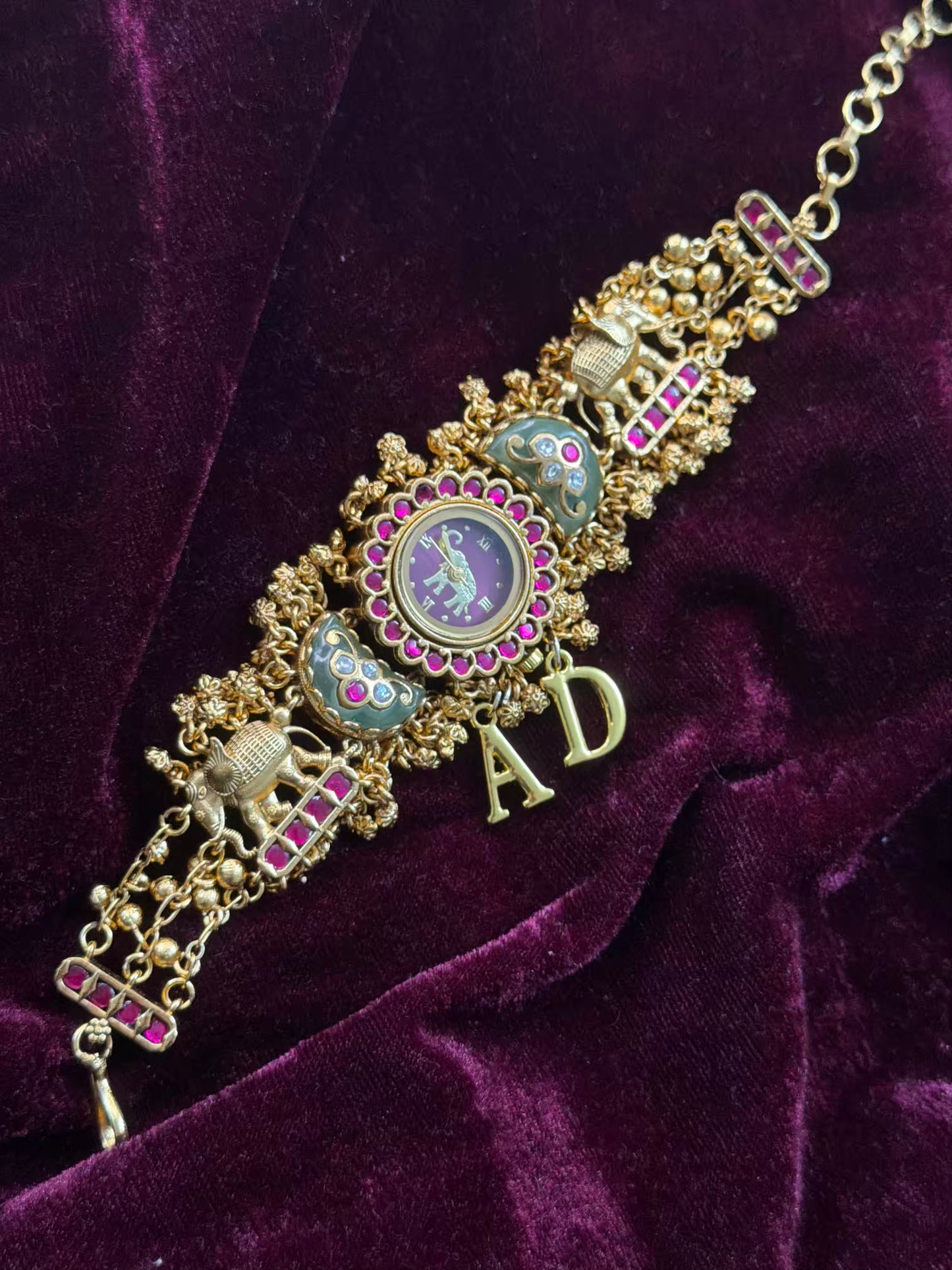 Green in Burgundy Dial Half Moon Maharani Watch Design Bracelet