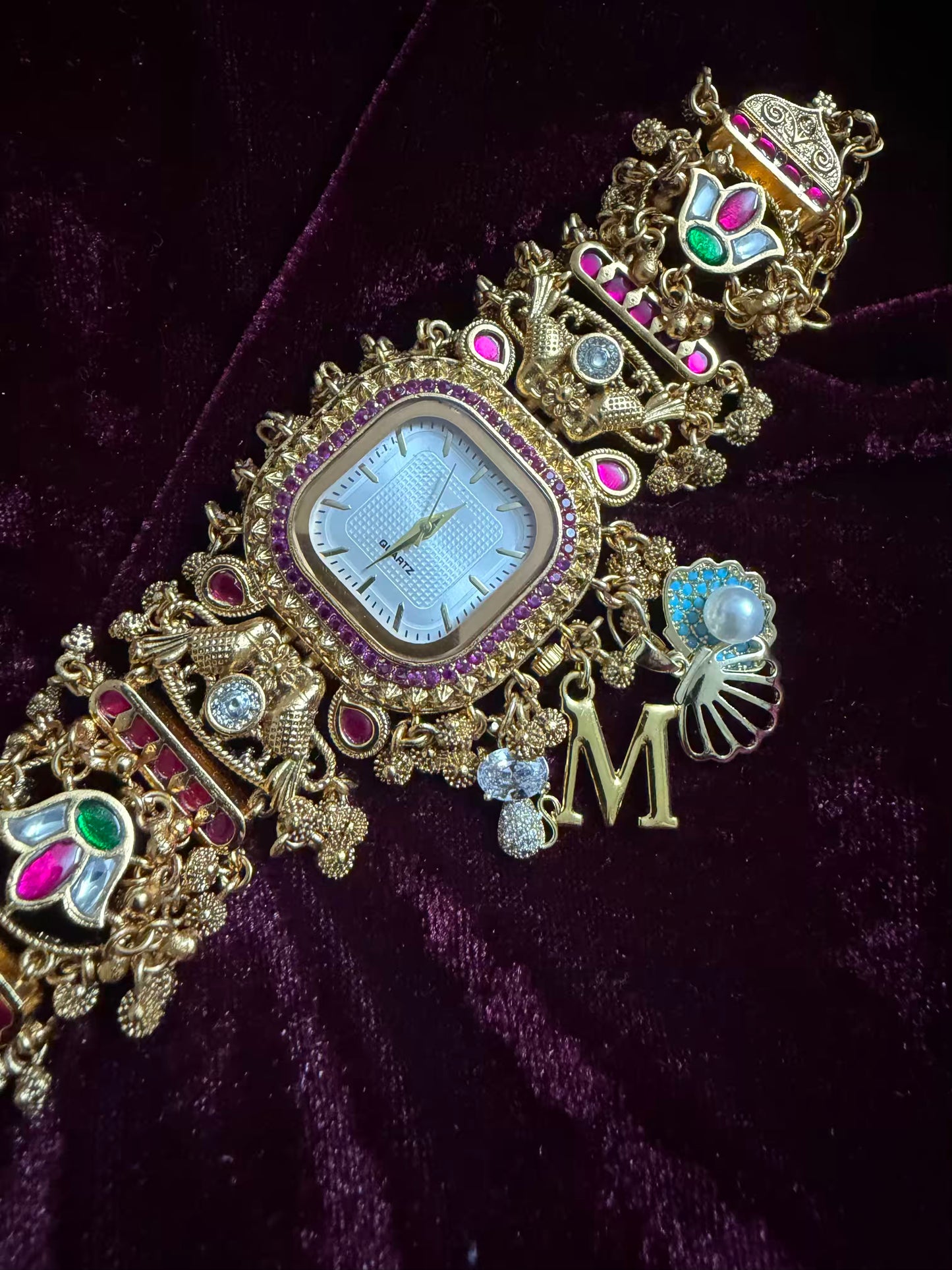 Square Dial Maharani Watch Heritage Bracelet with Charms