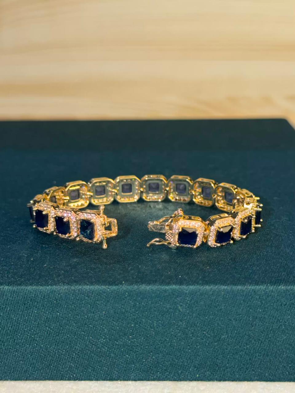 Navy Blue Square Shape Stones Gold Plated Tennis Bracelet
