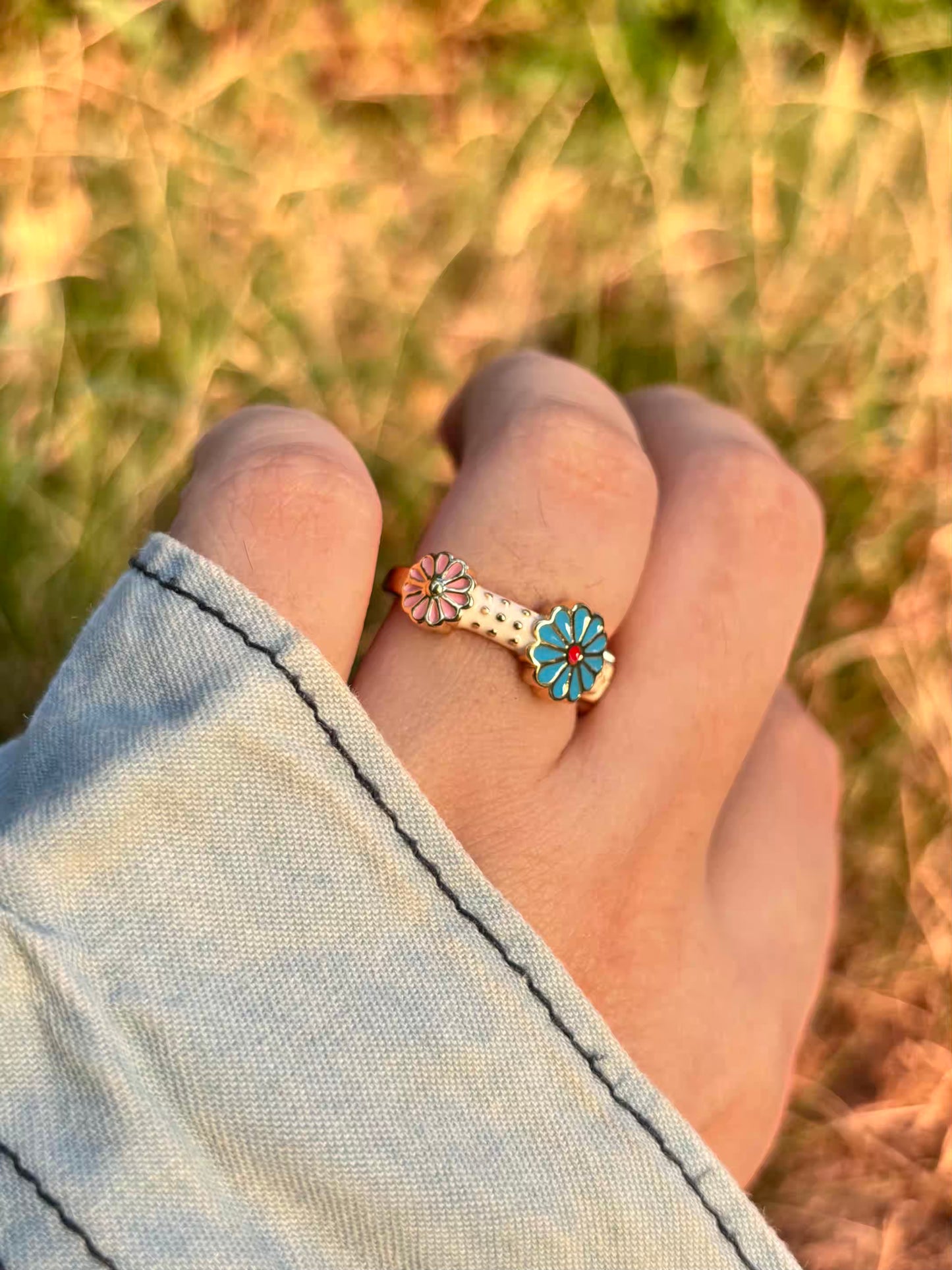 Blue Sunflower Band Ring - Adjustable