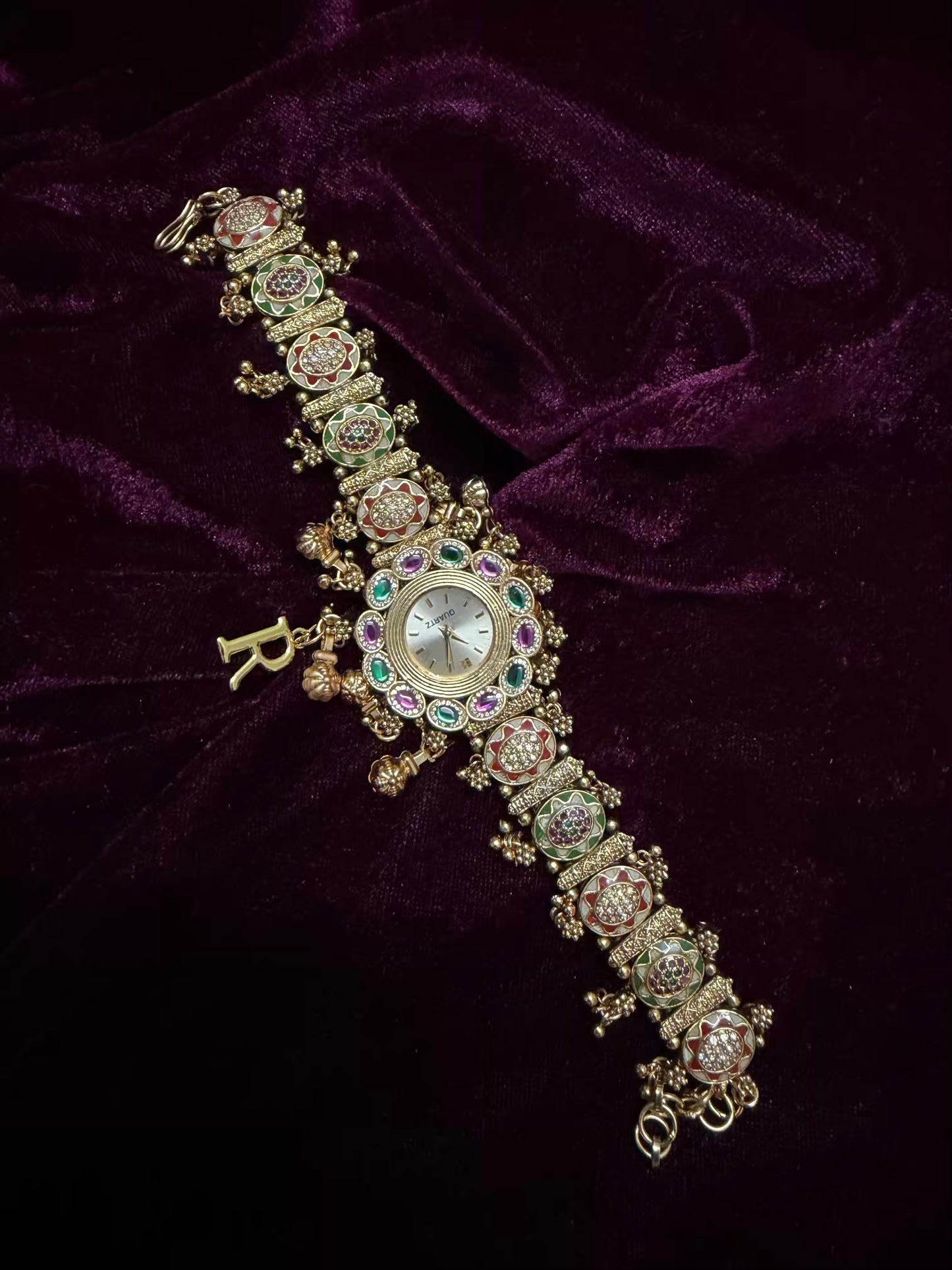 Premium Meenakari Lavender Emerald Heritage Watch Rakhi with Pastel Enamel (Free Initial)