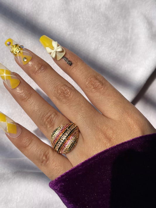 Premium Gold Colourful Loaded Studs Cocktail Style Ring in 18k Gold Size 8 US