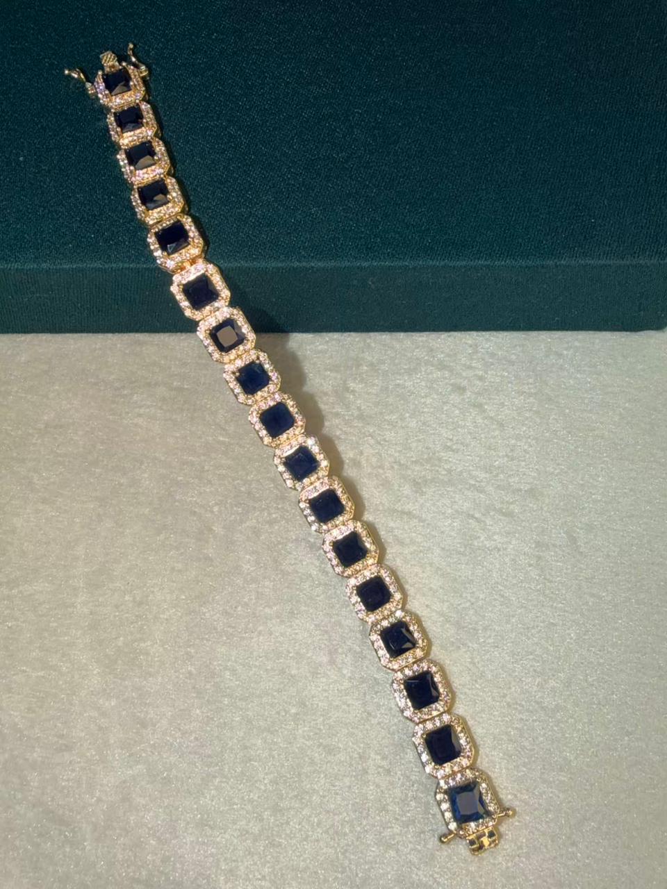 Navy Blue Square Shape Stones Gold Plated Tennis Bracelet
