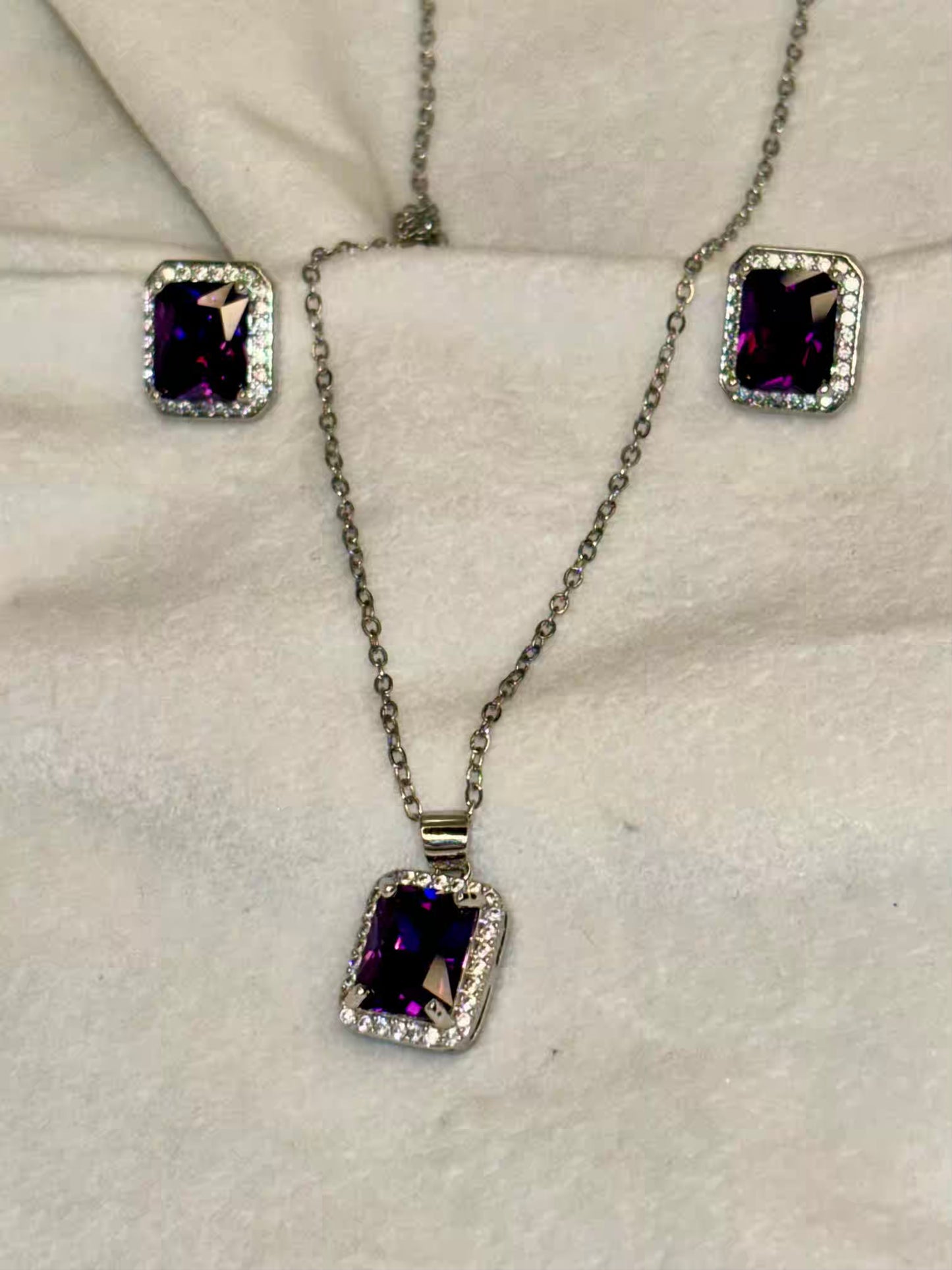 Purple Amethyst Diamond Necklace Ear Studs Set - Silver Plated