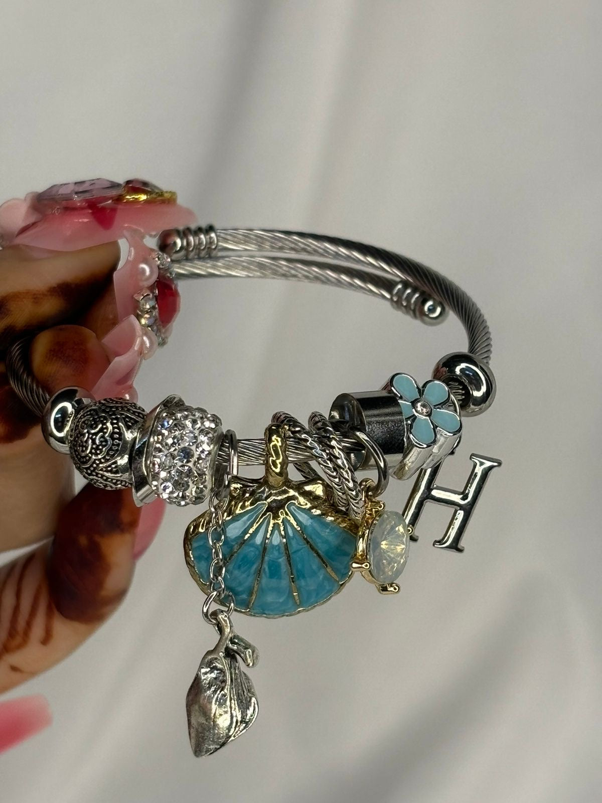 Pandora Charms Metallic Blue Shell Charms Bracelet With Customised Initial (Gold)