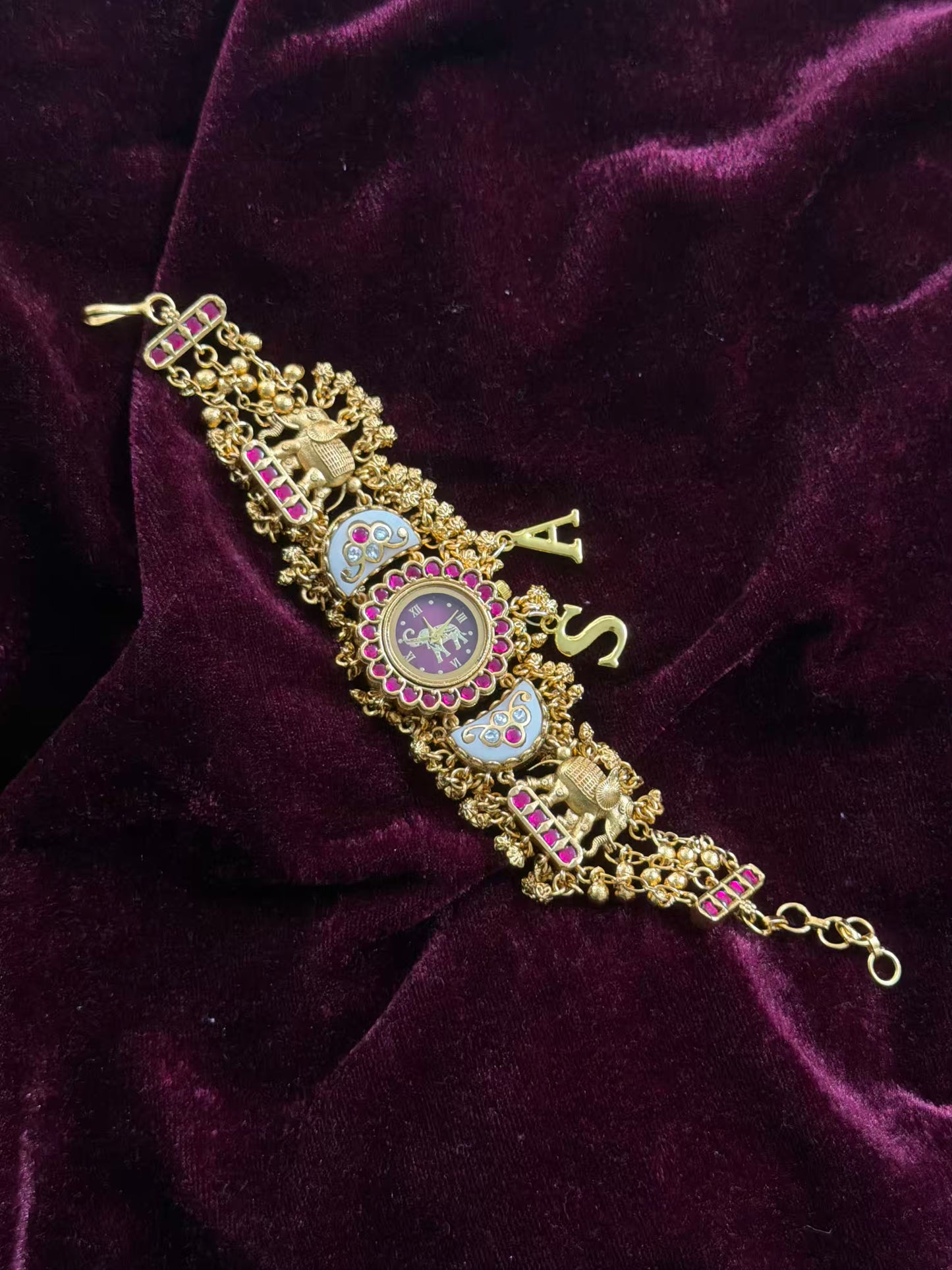 Green in Burgundy Dial Half Moon Maharani Watch Design Bracelet