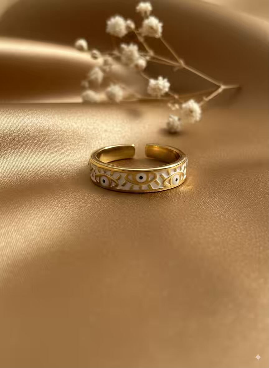White Evil Eye Gold Plated Premium Ring (Adjustable)