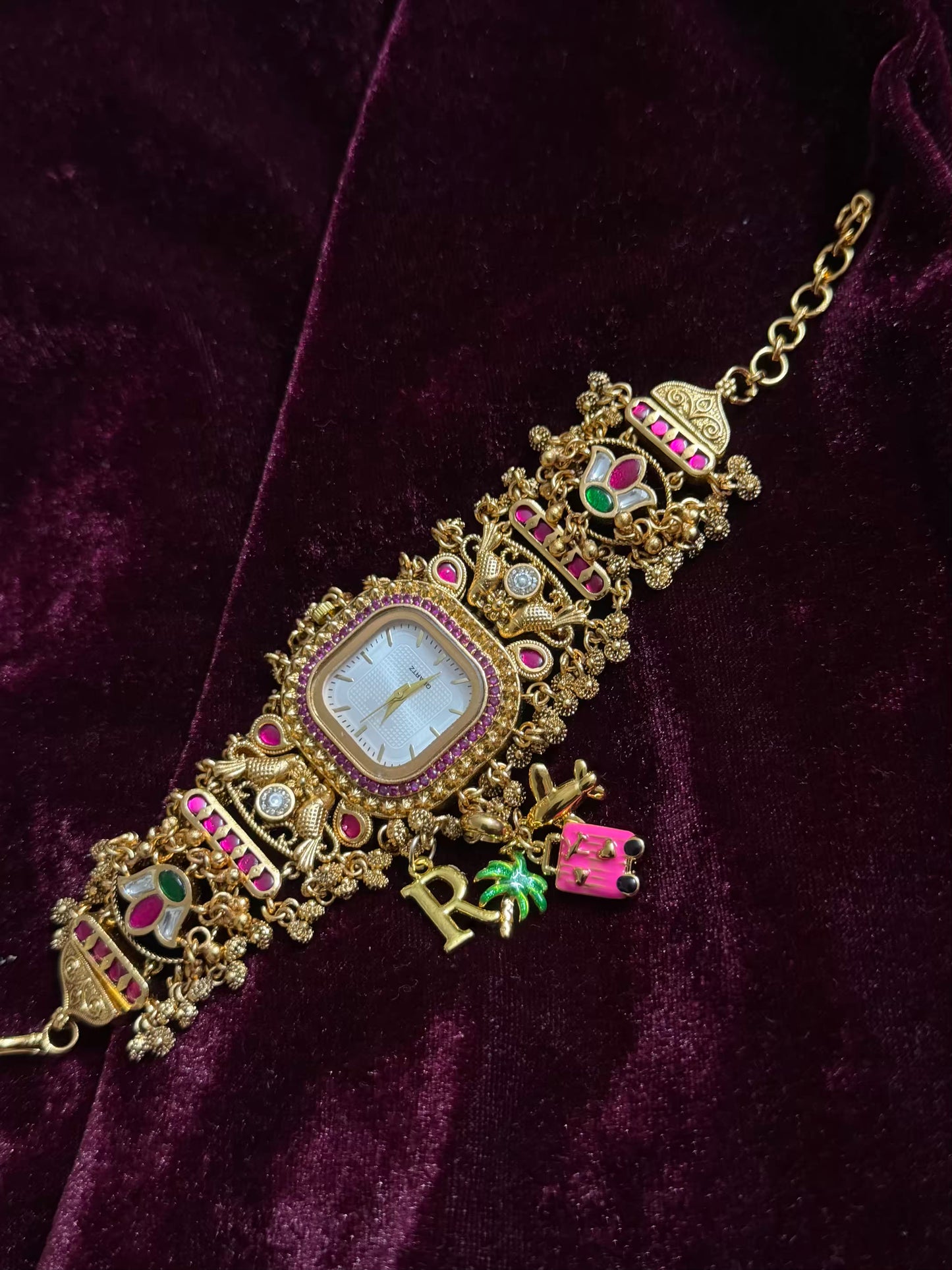 Square Dial Maharani Watch Heritage Bracelet with Charms