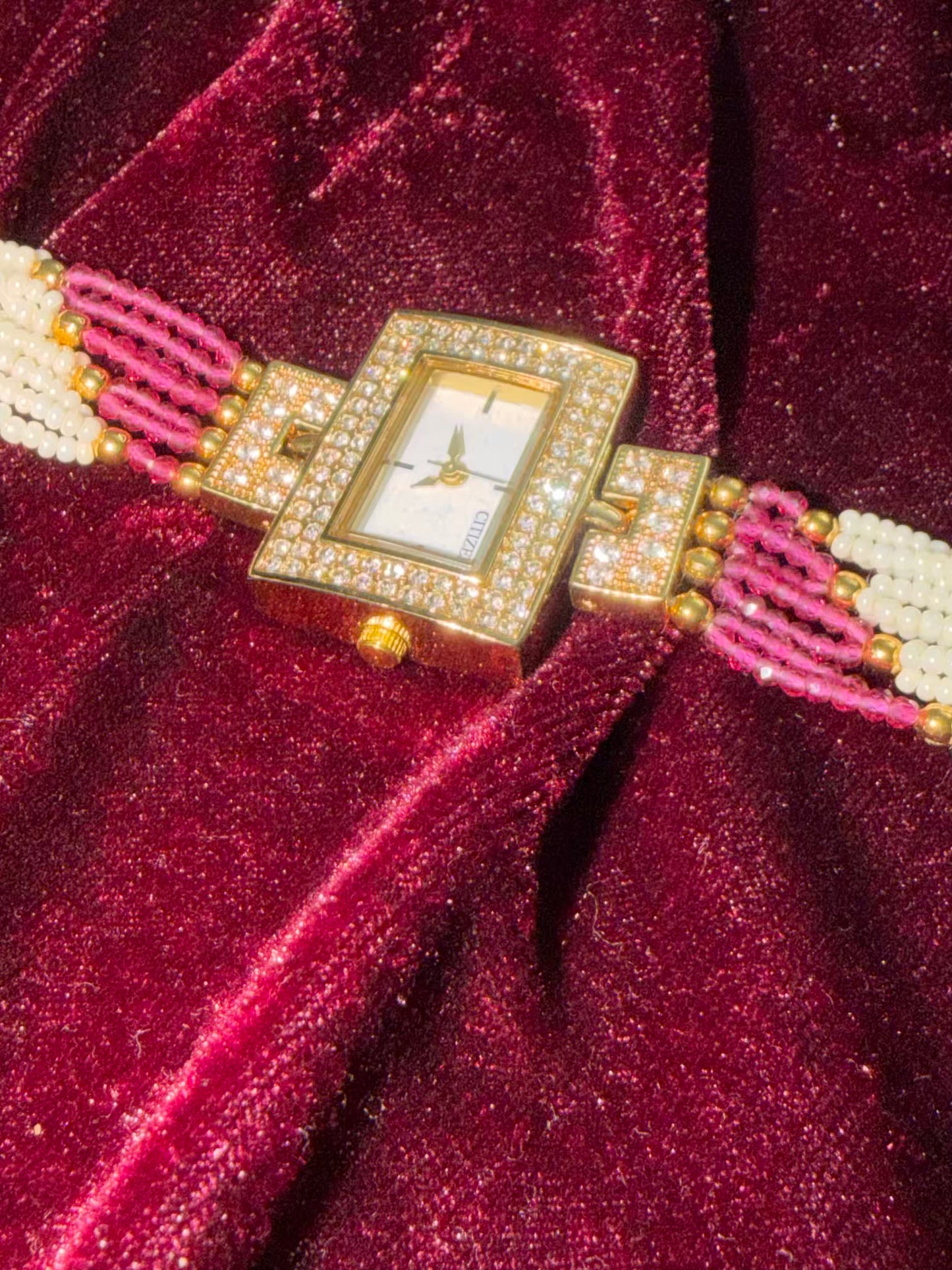 Square Dial Pink Gold Maharani Watch Design Heritage Bracelet