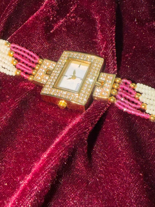 Square Dial Pink Gold Maharani Watch Design Heritage Bracelet